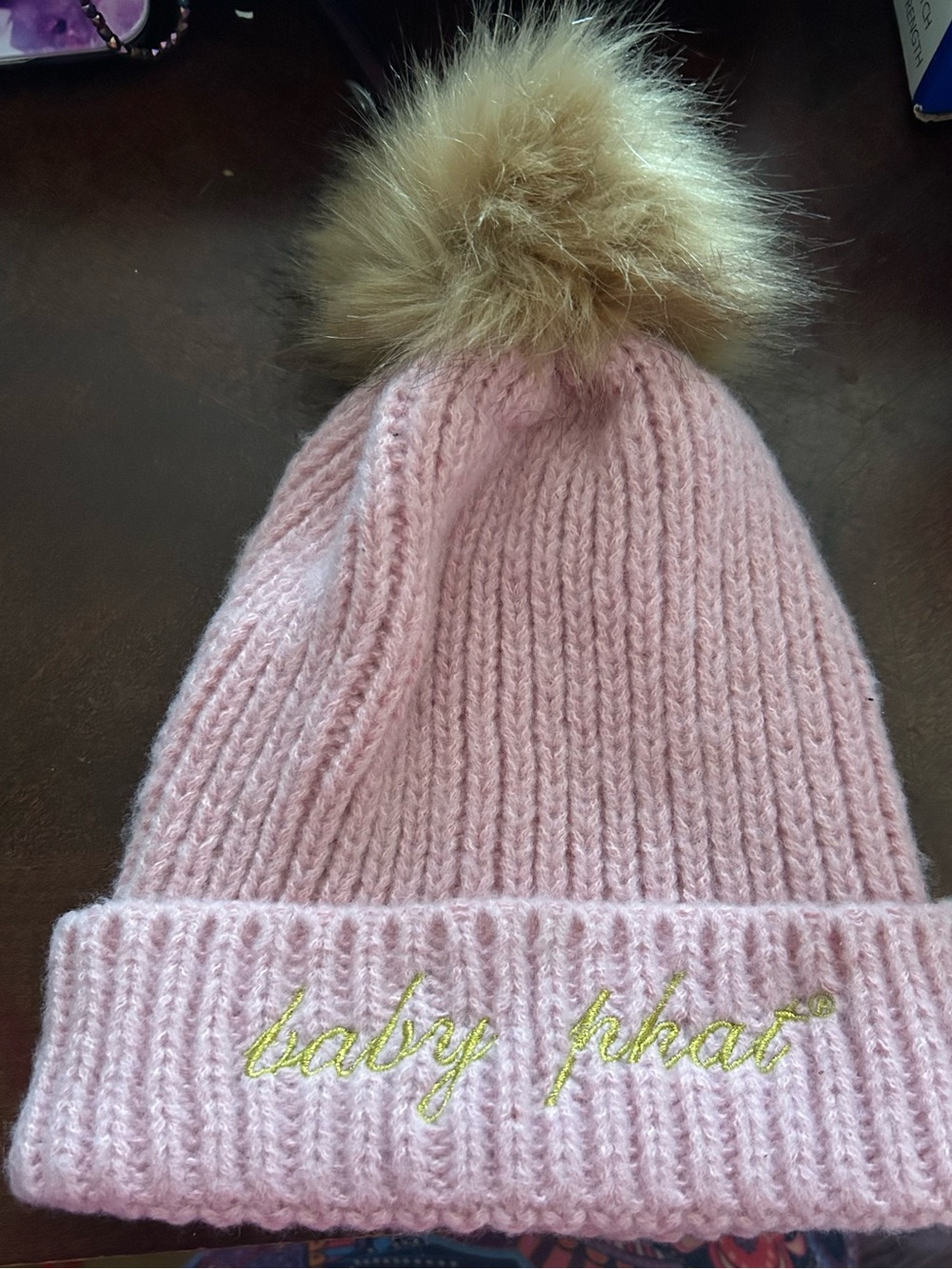 Baby Phat Pink Knit Beanie with Faux Fur Pom